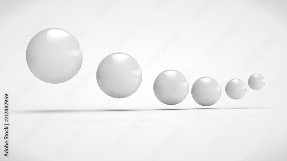 The image of the set of balls of various sizes, in white, is positioned in space in order. Image isolated on a white background, the symbol of order and purpose. 3D rendering The image of the set of balls of various sizes, in white, is positioned in space in order. Image isolated on a white background, the symbol of order and purpose. 3D rendering