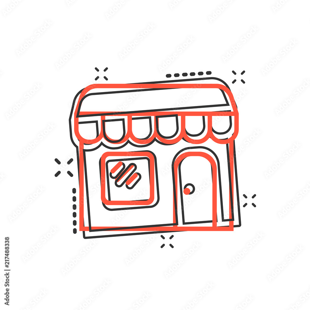 Vector cartoon store market icon in comic style. Shop building sign illustration pictogram. Mall business splash effect concept.