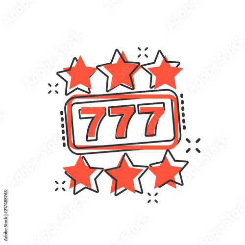 Vector cartoon casino slot machine icon in comic style. 777 jackpot sign illustration pictogram. Casino winner business splash effect concept.