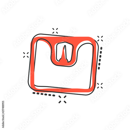 Vector cartoon bathroom scale weigher icon in comic style. Weigher sign illustration pictogram. Balance business splash effect concept.