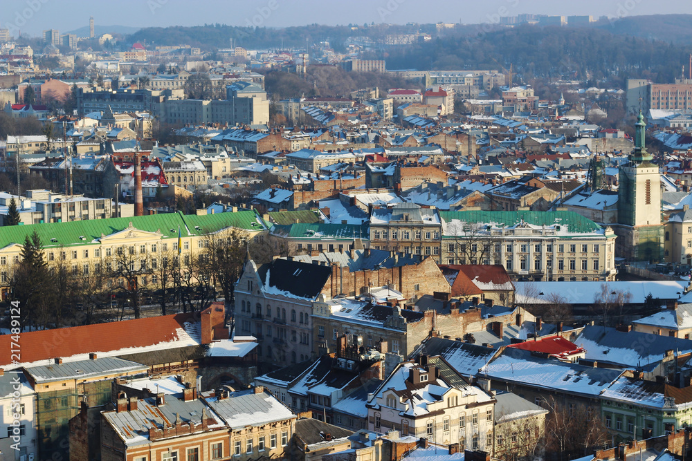 panoramic view on winter lviv city