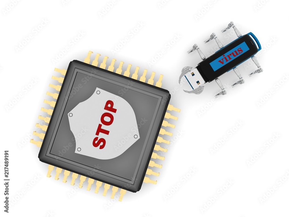 black CPU with a metal shield and red text stop and the gold contacts, and  the virus from usb stick, symbol, antivirus and security, on a white  background. 3D rendering Stock Illustration