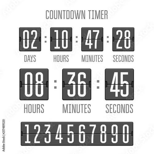 Flip countdown clock counter timer on white. Vector time remaining count down flip board with scoreboard of day, hour, minutes and seconds. Can be used for web page upcoming event template design.