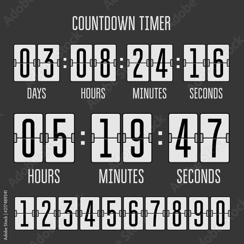 Flip countdown clock counter timer on black. Vector time remaining count down flip board with scoreboard of day, hour, minutes and seconds. Can be used for web page upcoming event template design.