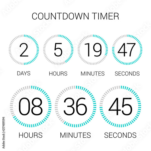 Circle countdown clock counter timer on white. Vector time remaining count down round indicator scoreboard of day, hour, minutes and seconds. Can be used for web page upcoming event template design.