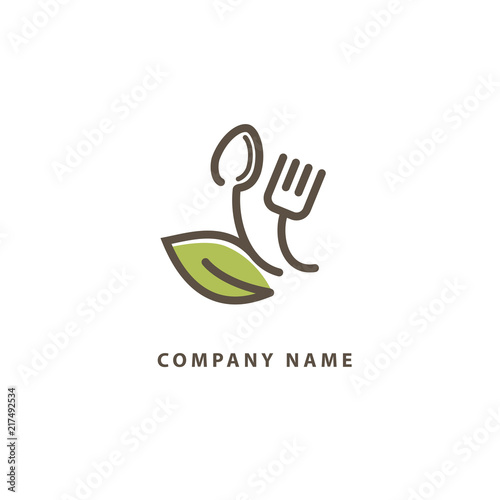 Abstract food logo icon vector design. Recipe, diet, cooking, cafe, restaurant, vegan, gmo, gluten free fresh food vector logo. Editable Design. Leaf and cutlery logo. Cooking food, menu web icon.