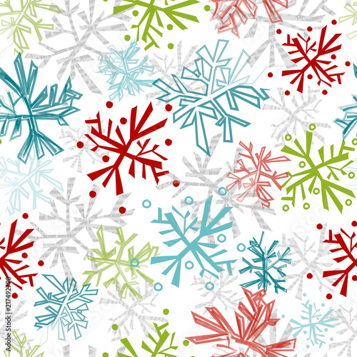 Snowflake seamless pattern. Repeating pattern for gift wrap, holiday cards, invitations, decorations and more. Newspaper cutout snowflake images. Colorful, fun, cute print.