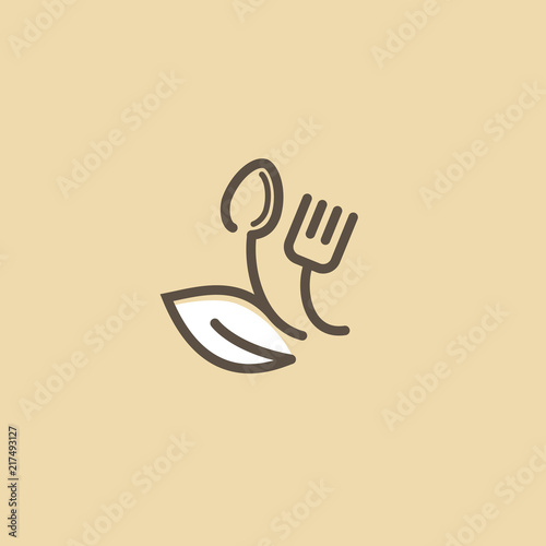 Abstract food logo icon vector design. Recipe, diet, cooking, cafe, restaurant, vegan, gmo, gluten free fresh food vector logo. Editable Design. Leaf and cutlery logo. Cooking food, menu web icon.