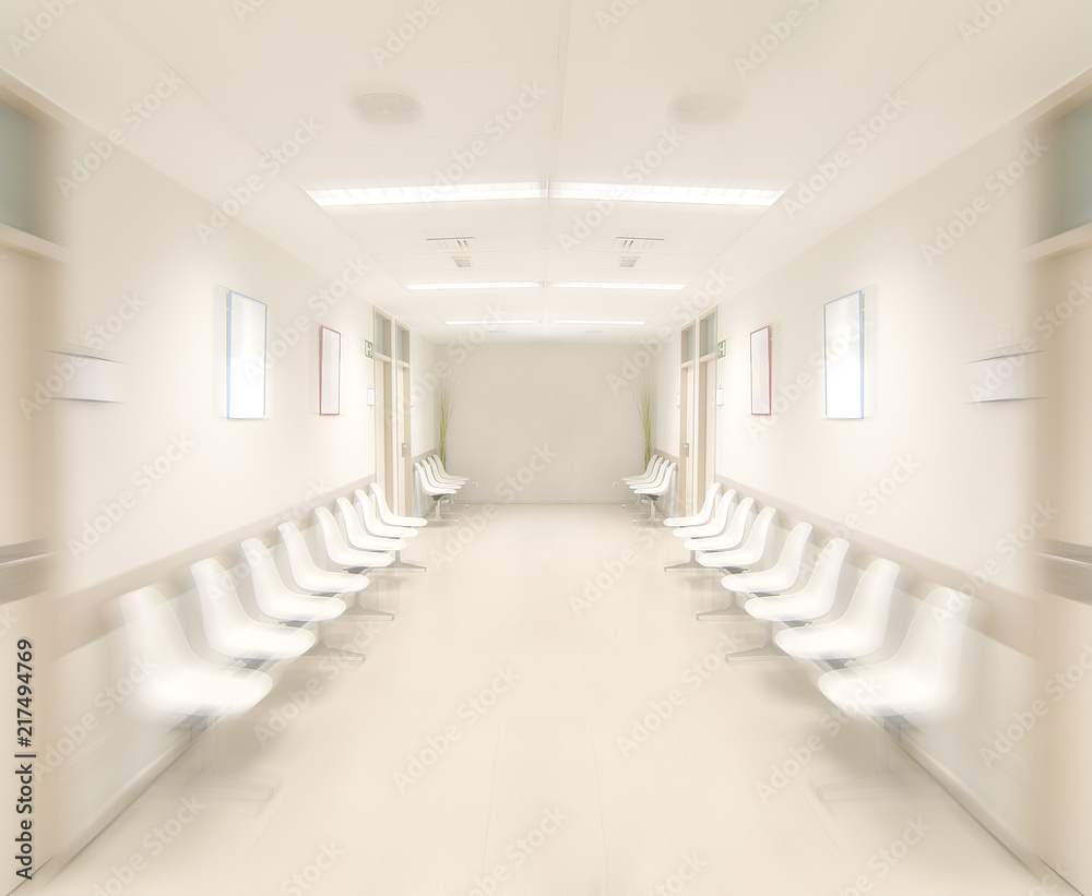long corridor in hospital with doors and reflections, motion radial blur effect