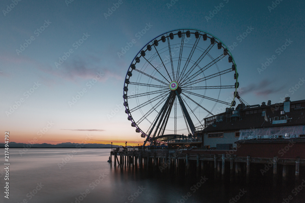 Ferris Wheel on Pier by the Sea in Seattle, USA