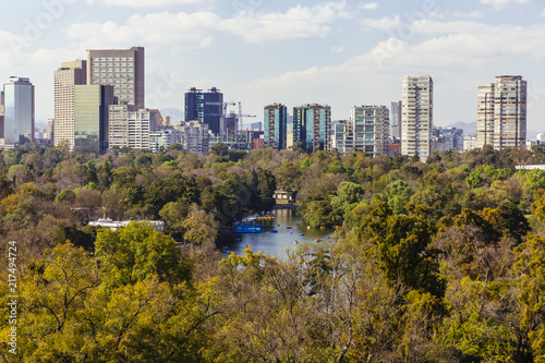 Skyline of Mexico City, Mexico with Lake Chapultepec