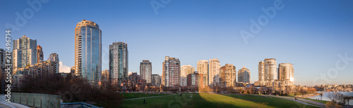 Panorama of Vancouver's False Creek park and harbor.