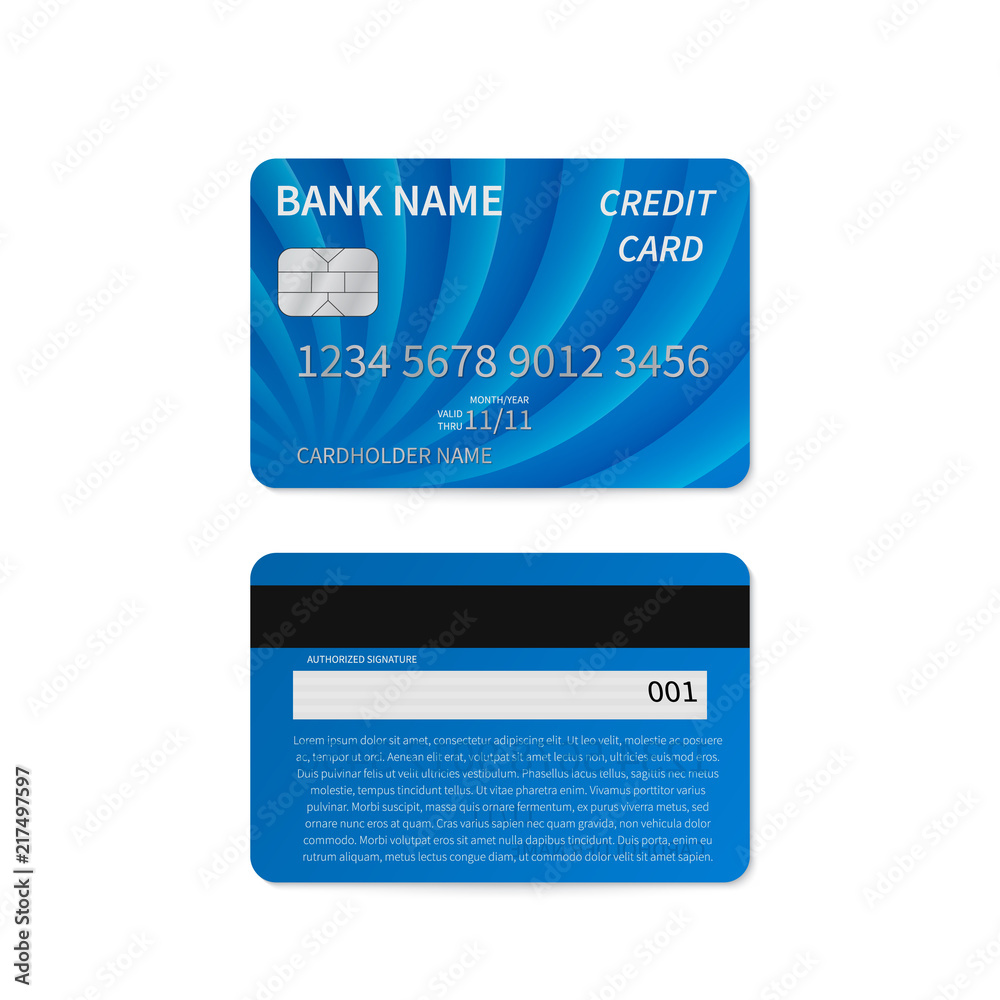 Realistic blue credit card isolated on white. Detailed plastic card with silver embossed symbols. Front and back sides. Online payment and shopping concept. Realistic blue credit card isolated on white. Detailed plastic card with silver embossed symbols. Front and back sides. Online payment and shopping concept.