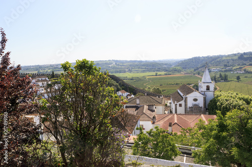 Scenic view of the valley from wall of fortress through orange trees . White houses and red tiled roofs. Beautiful old town with medieval. Obidos village, Portugal. © Vera