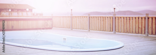 Banner Wooden deck beach sea ocean resort sun lounger umbrella hotel pool sky sunrise
