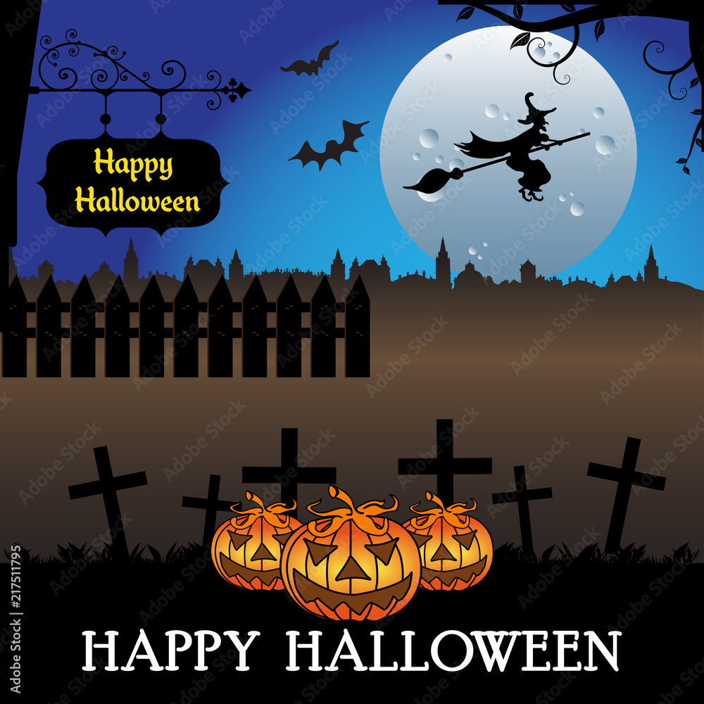 Obraz na plátně Abstract colorful background with evil pumpkins and a witch flying on a broomstick
