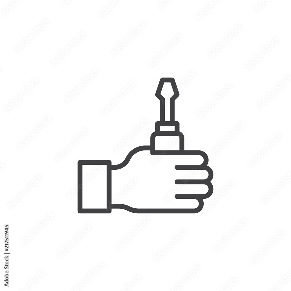 Screwdriver in hand outline icon. linear style sign for mobile concept and web design. Repair service simple line vector icon. Symbol, logo illustration. Pixel perfect vector graphics Screwdriver in hand outline icon. linear style sign for mobile concept and web design. Repair service simple line vector icon. Symbol, logo illustration. Pixel perfect vector graphics