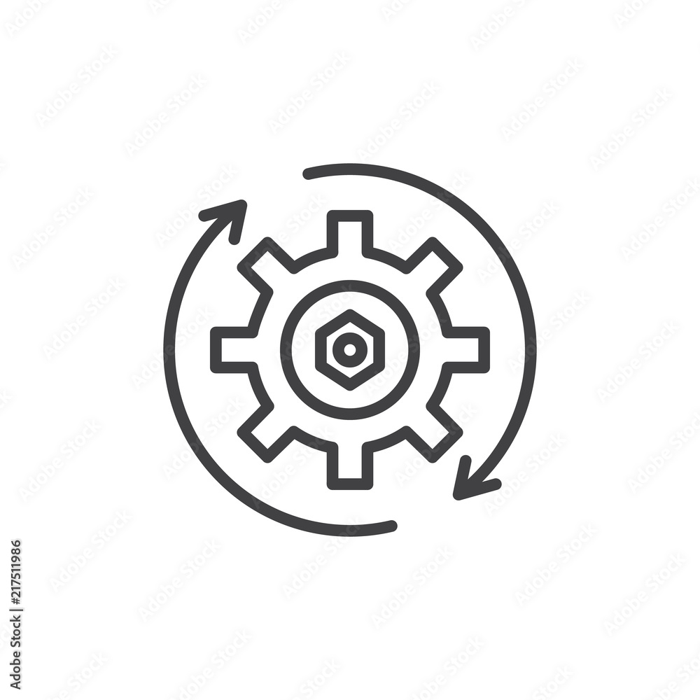 Gear and Rotation arrows outline icon. linear style sign for mobile concept and web design. Update Settings, preferences simple line vector icon. Symbol, logo illustration. Vector graphics Gear and Rotation arrows outline icon. linear style sign for mobile concept and web design. Update Settings, preferences simple line vector icon. Symbol, logo illustration. Vector graphics