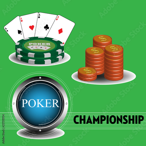 Colorful illustration with stack of coins, poker chips and poker cards. Poker championship theme