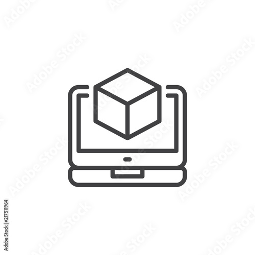 Laptop with construction project outline icon. linear style sign for mobile concept and web design. Construction and engineering simple line vector icon. Symbol logo illustration. Pixel perfect vector