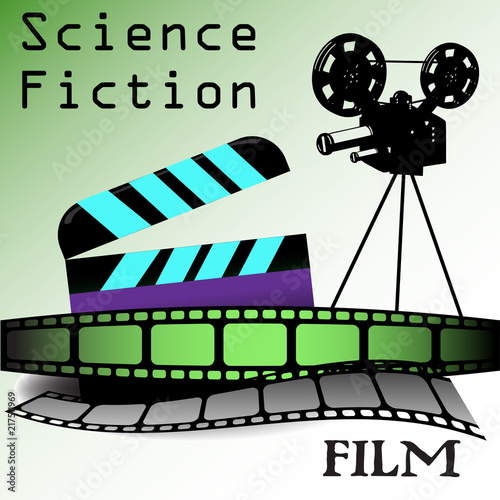 Colorful background with clapboard, movie projector, film strips and the text science fiction written with black letters