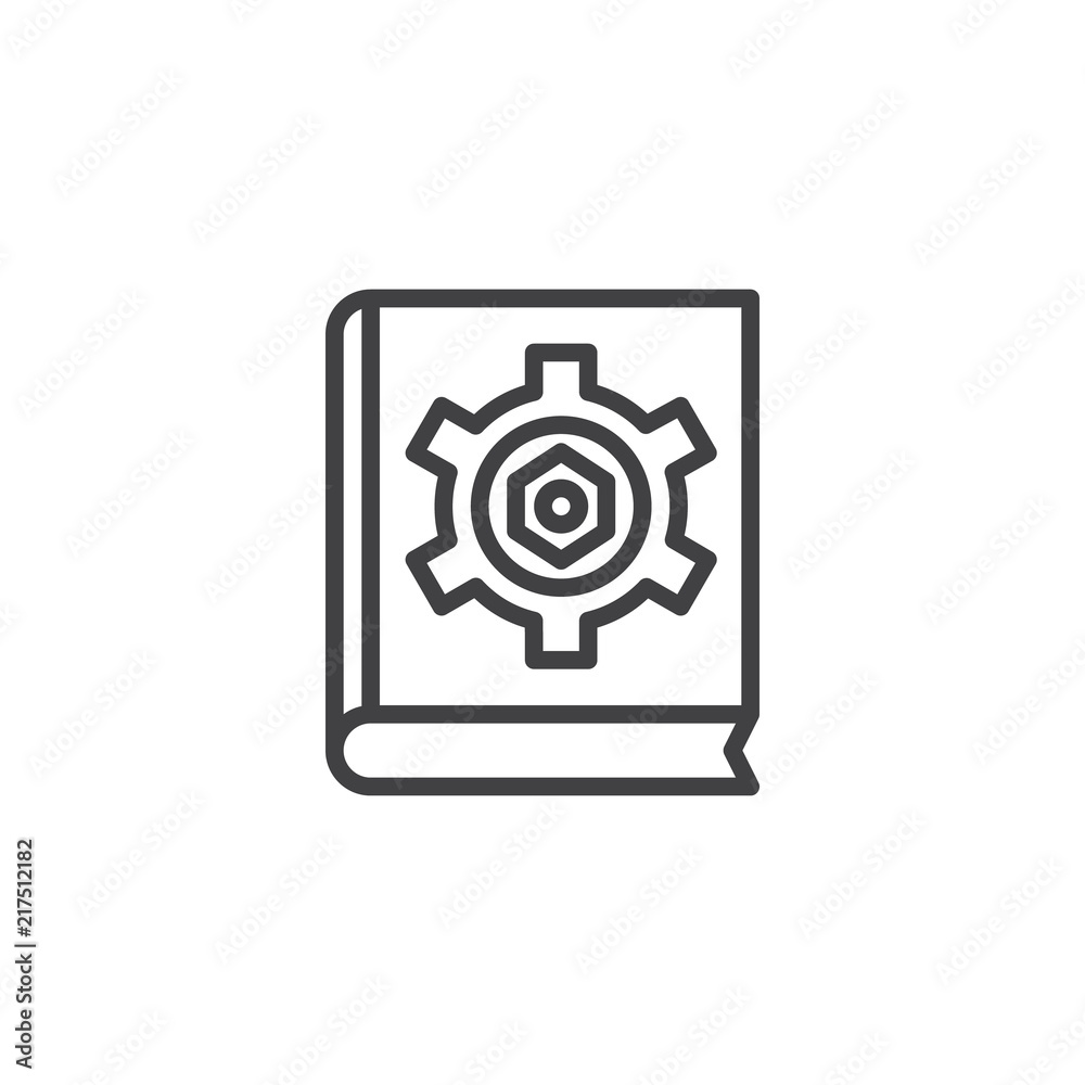 Instruction manual book outline icon. linear style sign for mobile concept and web design. Book with gear simple line vector icon. Symbol, logo illustration. Pixel perfect vector graphics Instruction manual book outline icon. linear style sign for mobile concept and web design. Book with gear simple line vector icon. Symbol, logo illustration. Pixel perfect vector graphics