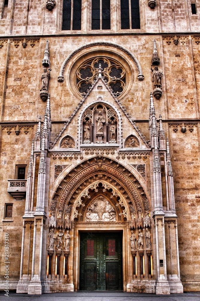 Decorative and architectural elements of the facade of a cathedral in Zagreb, Croatia