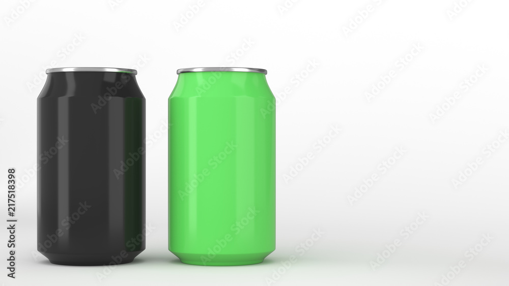 Two small black and green aluminum soda cans mockup on white background Two small black and green aluminum soda cans mockup on white background