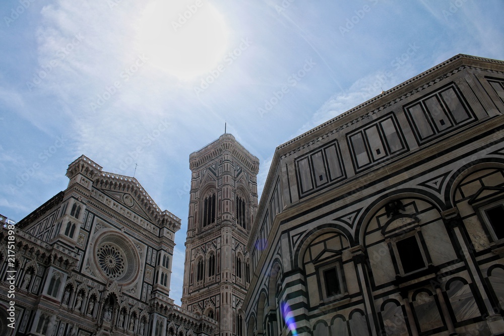 A low angle view of the exterior of Il Duomo Basilica in Florence, Italy