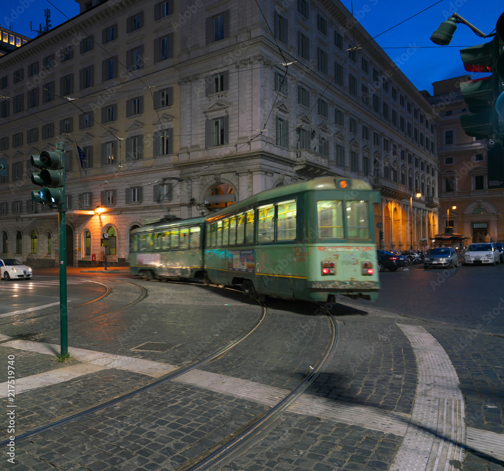 
Rome,Italy-July 28,2018: Tram near Roma Termini station in the night　