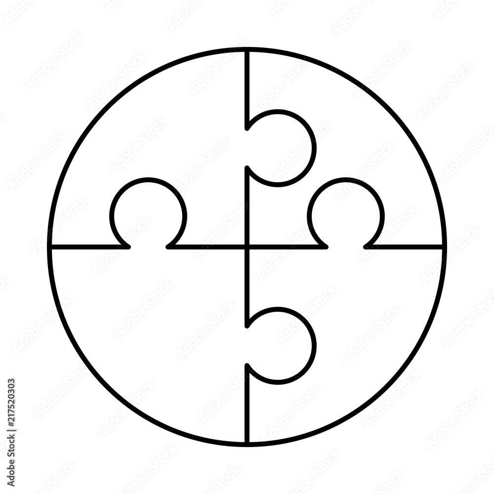 4 white puzzles pieces arranged in a round shape. Jigsaw Puzzle template  ready for print. Cutting guidelines on white Stock Vector | Adobe Stock