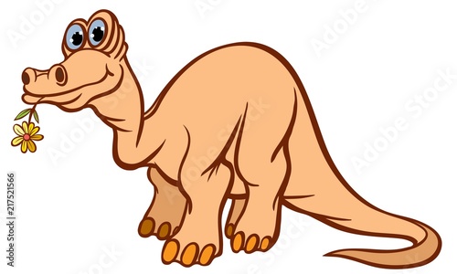 Cheerful  kind dinosaur. Worth it. In the teeth holds a flower. Vector illustration.