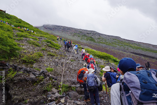 Making Line by Alpinists up to the Summit of the Mt. Fuji in Japan