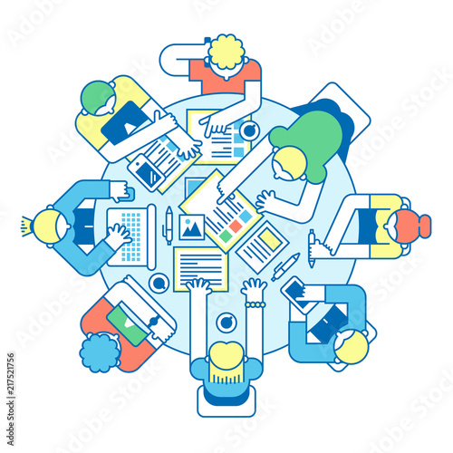 Round Table, Brainstorming, Teamwork meeting concept. Flat design vector illustration.
