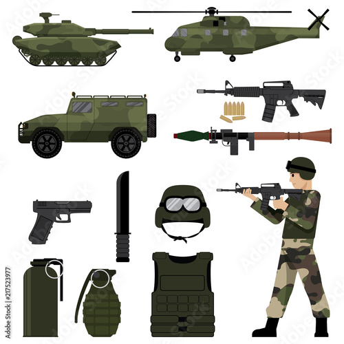 Army Soldier with Assault Weapons and Military Vehicle