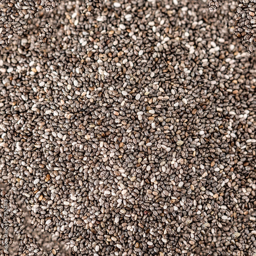 Chia seeds texture, close up. Black Chia Pattern. Healthy diet concept. Copy space.