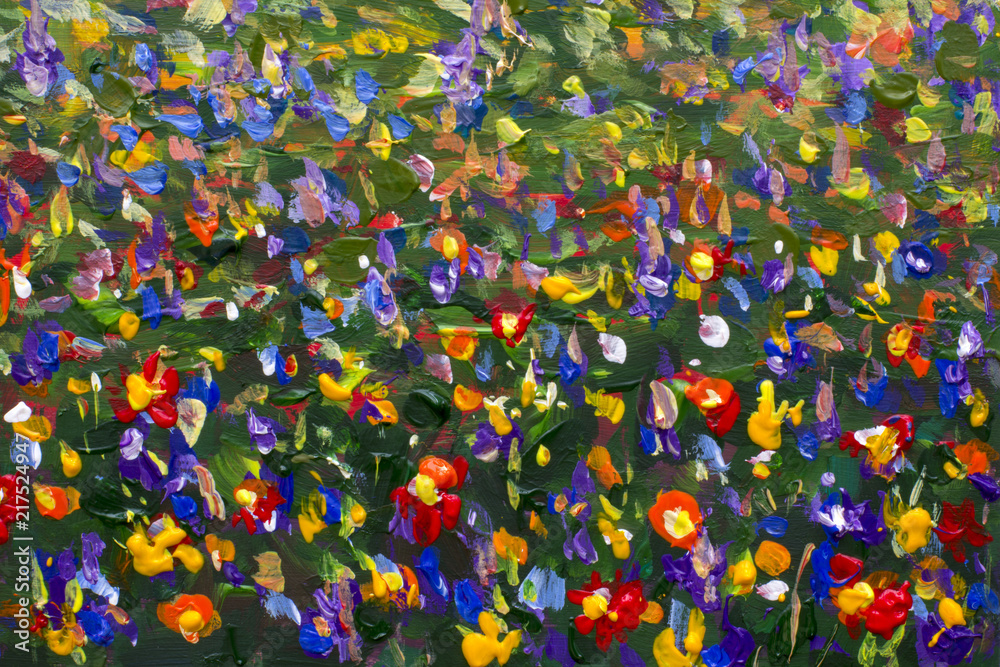 Naklejka Flowers field Impressionism Oil painting. Red yellow violet flower pattern in green grass nature artwork. Spring flowers garden floral art.