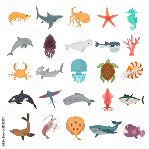 Sea animals color vector icons set. Flat design