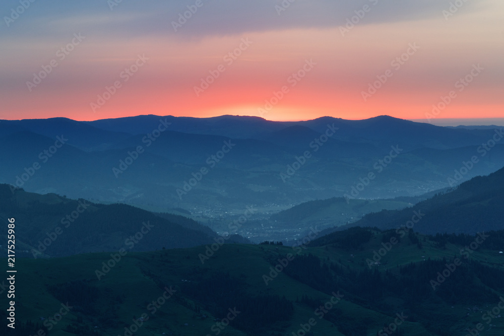 Dawn in the mountains. Picturesque tranquil landscape in natural post production style.  Location - Carpathian mountains in Ukraine, the segment of Alpine mountain system.