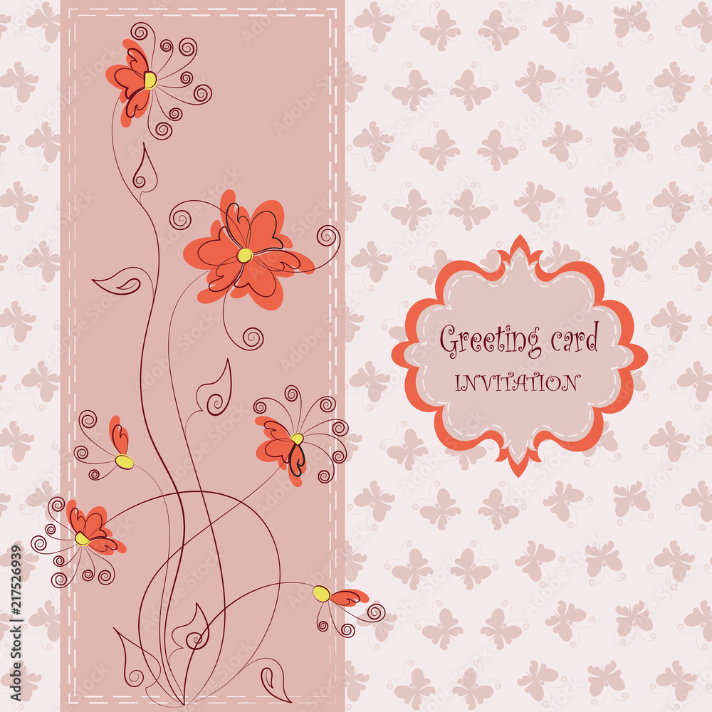Red flowers on a background of butterflies. Design greeting cards. Space for text, abstract flowers and butterflies on a light background. Red flowers on a background of butterflies. Design greeting cards. Space for text, abstract flowers and butterflies on a light background.