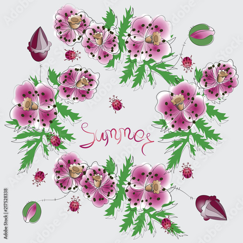 Fototapeta Naklejka Na Ścianę i Meble -  Pink poppies and the word SUMMER. Poster, postcard. Flowers on a light background with place for text. Design for print on fabric or paper background image.