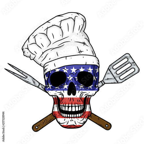 Skull in chef hat, crossed barbecue tools and American flag. Chef skull.