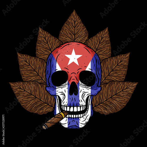 Skull with cigar, tobacco leaves and Cuban flag.
