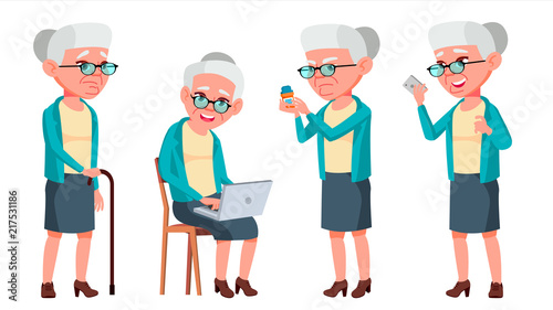 Old Woman Poses Set Vector. Elderly People. Senior Person. Aged. Caucasian Retiree. Smile. Web, Poster, Booklet Design. Isolated Cartoon Illustration
