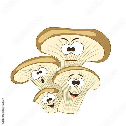 Cute cartoon smiling oyster mushrooms. Vector illustration.