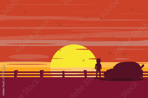 sunset in seaside vector illustration
