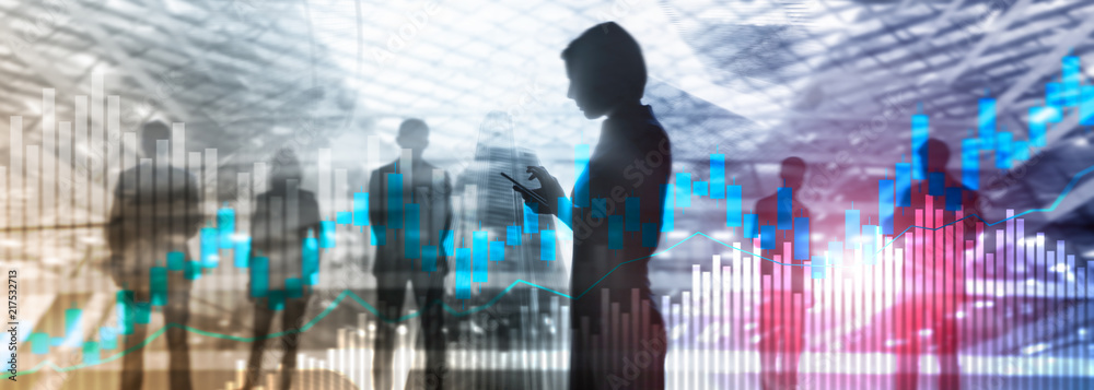 Stock trading candlestick chart and diagrams on blurred office center background. Stock trading candlestick chart and diagrams on blurred office center background.
