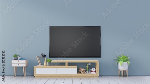 Tv on cabinet with blank screen stick on the dark wall in modern living room,minimal designs, 3d rendering