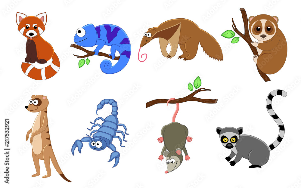 Obraz premium Set of 8 exotic animals in a cartoon style.