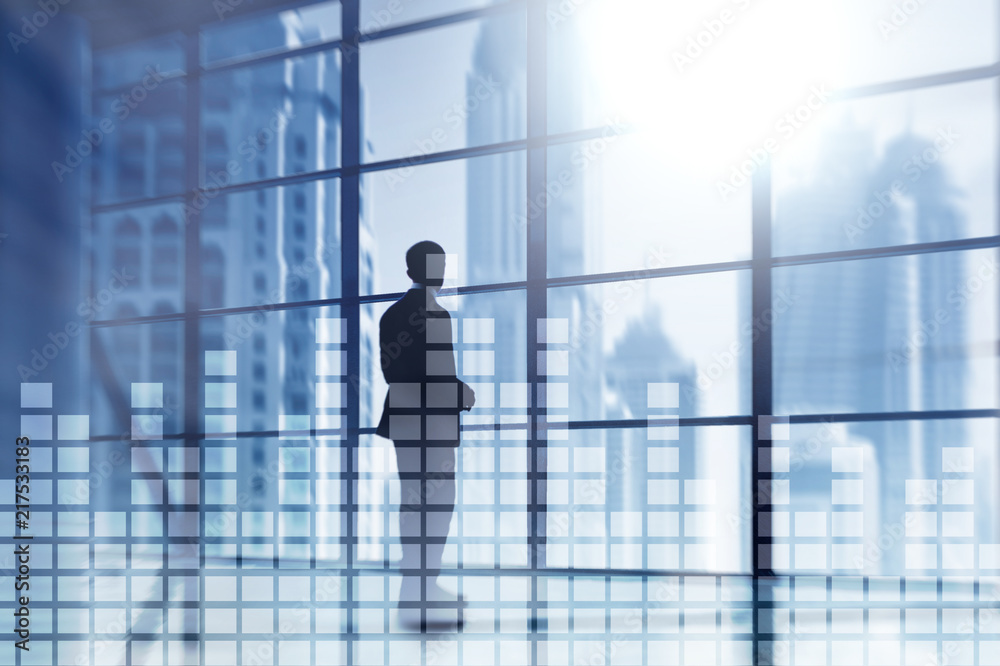 Financial chart on blurred skyscraper office background. Financial chart on blurred skyscraper office background.